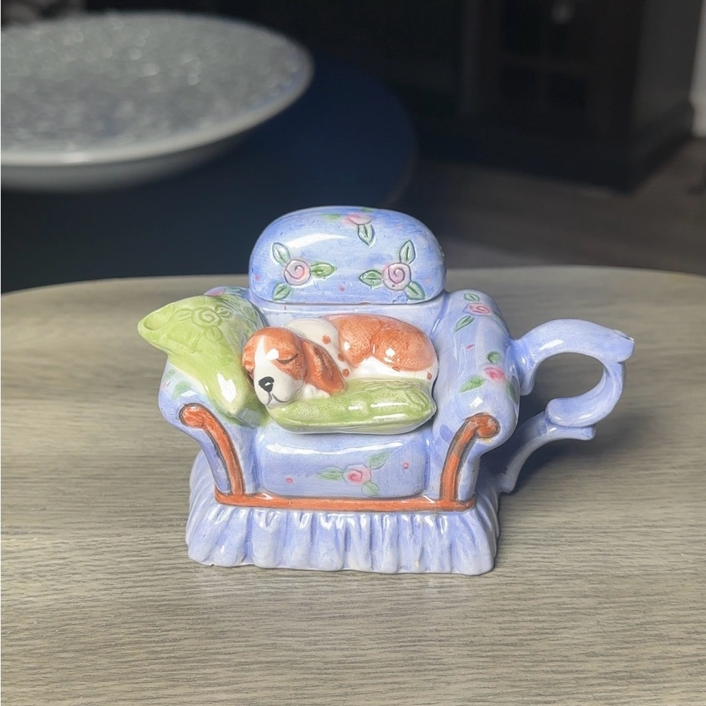 Vintage Mini Ceramic Teapot Beagle Puppy Dog Sleeping On Chair by World Bazaar
